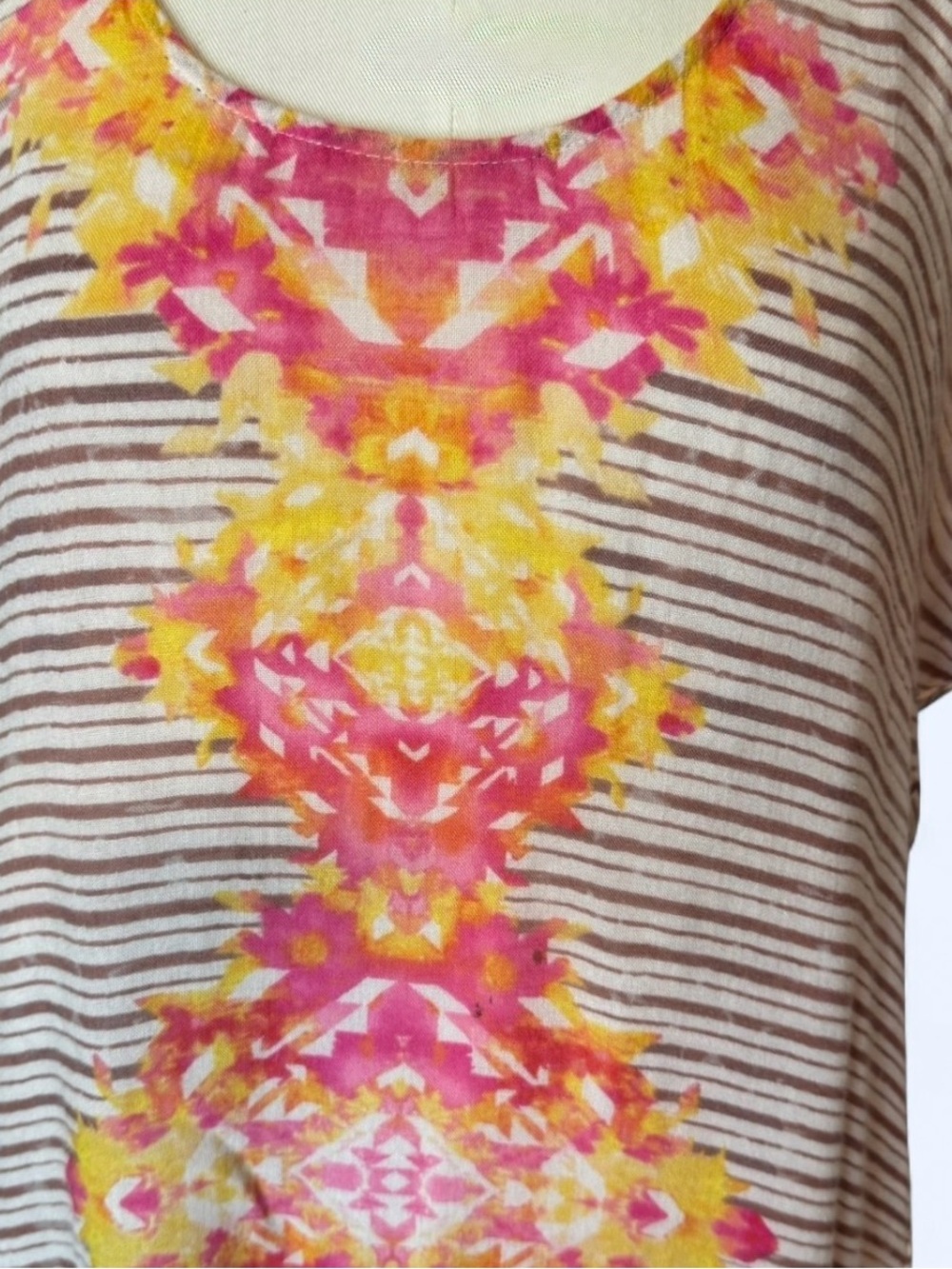 Free People Beige Striped dress with Pink & Yellow Floral Center lining snaps in - Picture 2 of 12